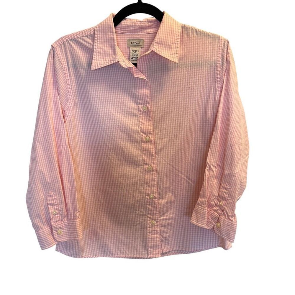 LL Bean women’s small pink gingham plaid button down 100% cotton 3/4 sleeve blou